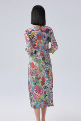 Women’s Summer Pleated Maxi Dress – Graffiti Print Loose Slimming Style