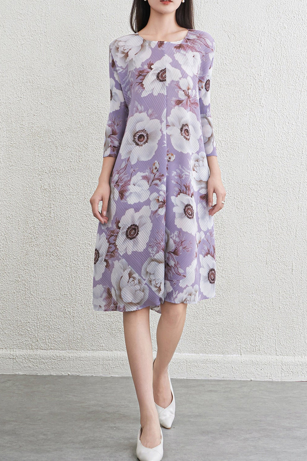 Pleats Art Style Pleated Midi Dress – Floral Elegant Light Luxury