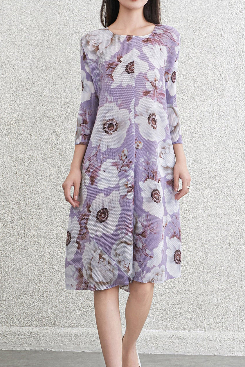 Pleats Art Style Pleated Midi Dress – Floral Elegant Light Luxury