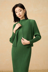 2025 Pre-Fall Pleated Two-Piece Set – Solid Color Long-Sleeve Cardigan & Elegant Dress