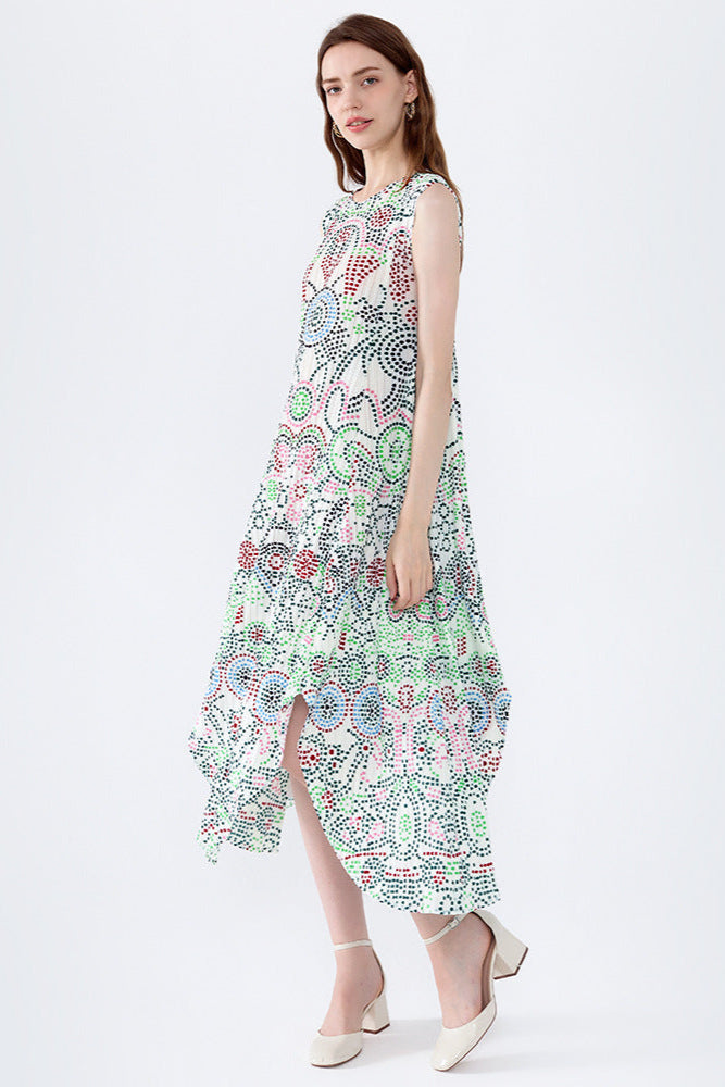 Pleats Art Style Pleated Dress – Irregular Polka Dot Loose Bohemian Style