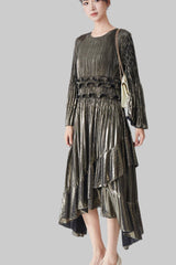Pleats Please Flared Sleeve A-Line Dress – Irregular Hem Pleated Autumn Winter Style