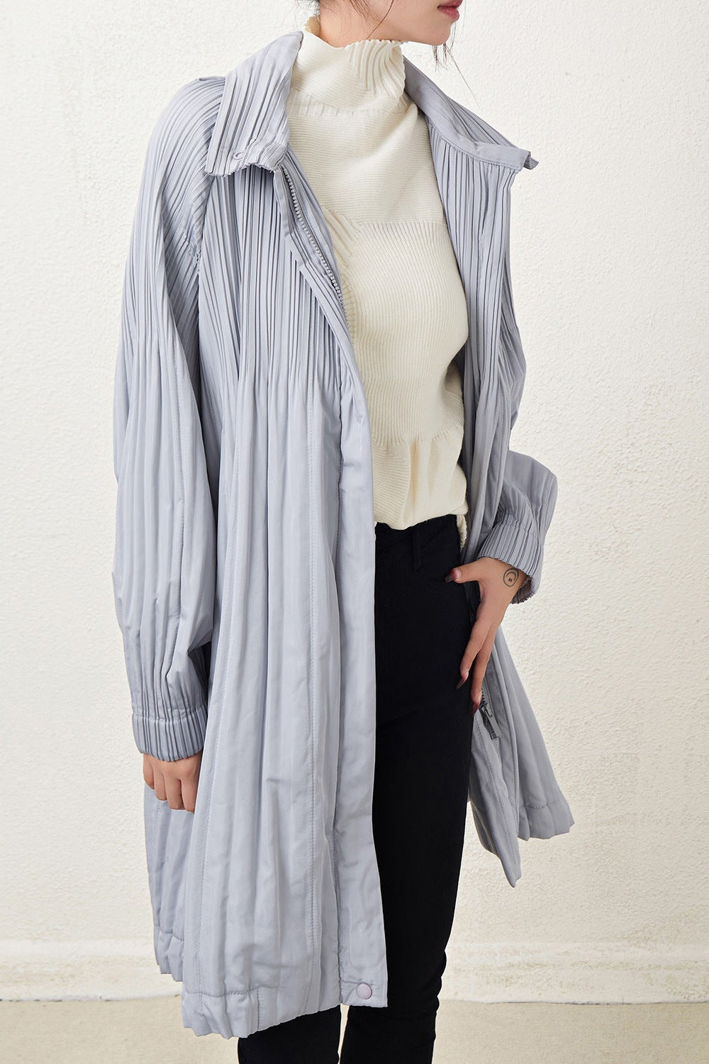 Pleats Please Mid-Length Cotton Jacket – Pleated Double-Zip Casual Outerwear