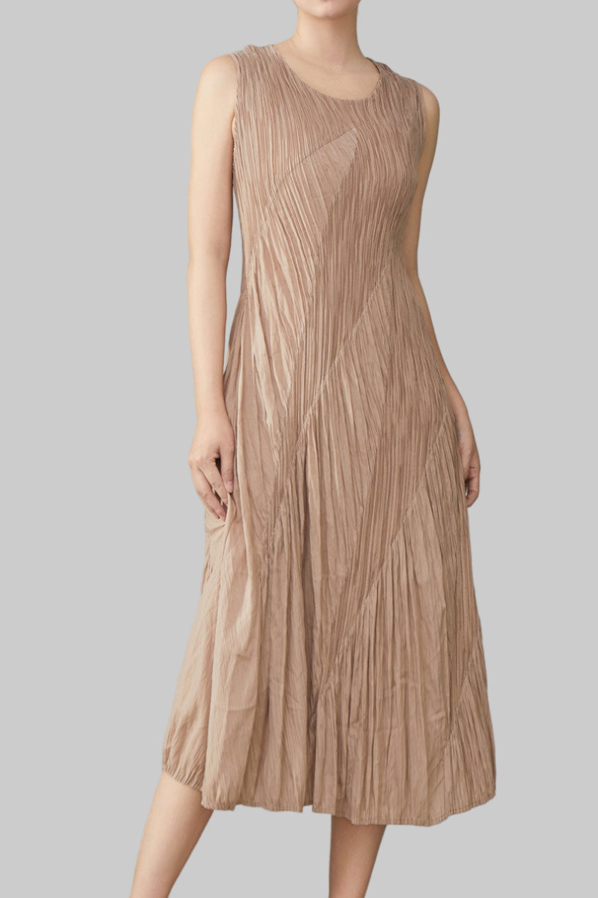Pleats Art Style Pleated Dress – Spliced Sleeveless Midi
