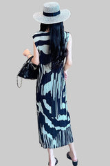 Retro design long contrast dress Miyake summer 2025 female slimming crew neck sleeveless pleated skirt