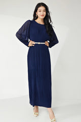 Pleats Please Lantern Sleeve Maxi Dress – Plus-Size Friendly Elegant Pleated Long Dress