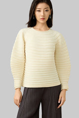 2025 Winter Japanese Pleated Sweater – Crew Neck, Soft Knit, Long Sleeve Solid Color Style
