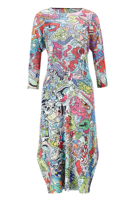 Women’s Summer Pleated Maxi Dress – Graffiti Print Loose Slimming Style