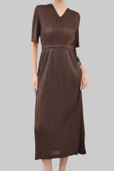 Pleats Please V-Neck Dress – Short-Sleeve Pleated Maxi, Loose Slimming Style