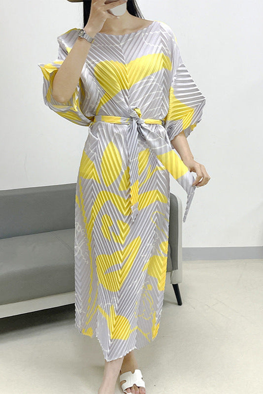 2025 Fall Winter Pleated Printed Maxi Dress – V-Fold Design, Elegant Casual Style for Women