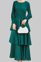 Pleats Art Style Pleated Dress – Elegant Waist-Slimming Ruffle Long Sleeve