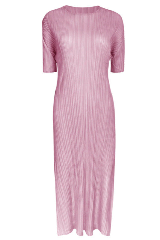 Pleated Solid Color Midi Dress – Short Sleeve Slim A-Line Style