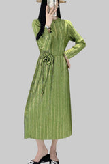 Women’s Pleated Midi Dress – Autumn Foil Print Plus-Size Slimming Style