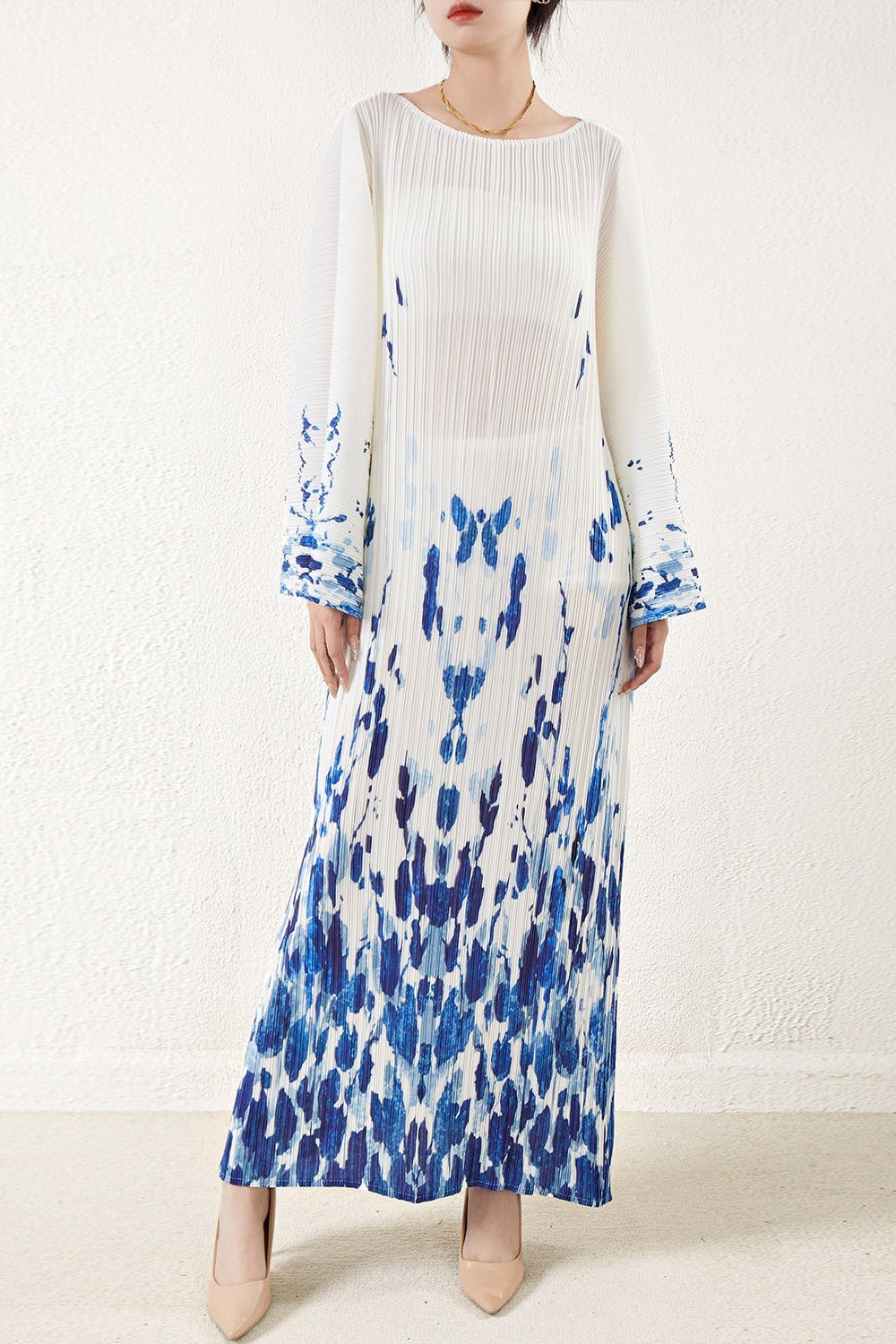 Pleated Printed Lace-Up Straight Dress – Elegant and Modern Women’s Style