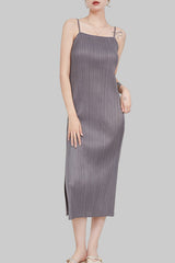 Miyake style temperament pleated slip dress women's summer 2024 women's boat neck slim slim slim slit midi skirt IsseyMiyakePleats