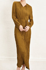 Pleats Art Style Pleated Dress – Irregular Long Sleeve Cinched Waist