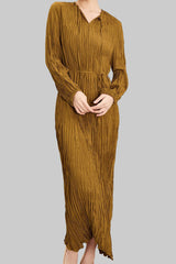 Pleats Please Irregular Pleated Dress – Long-Sleeve Cinched-Waist Elegant Style
