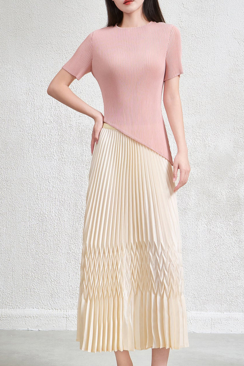 Pleats Art Style Two-Piece Set – Irregular Pleated Top & Elastic Waist Skirt