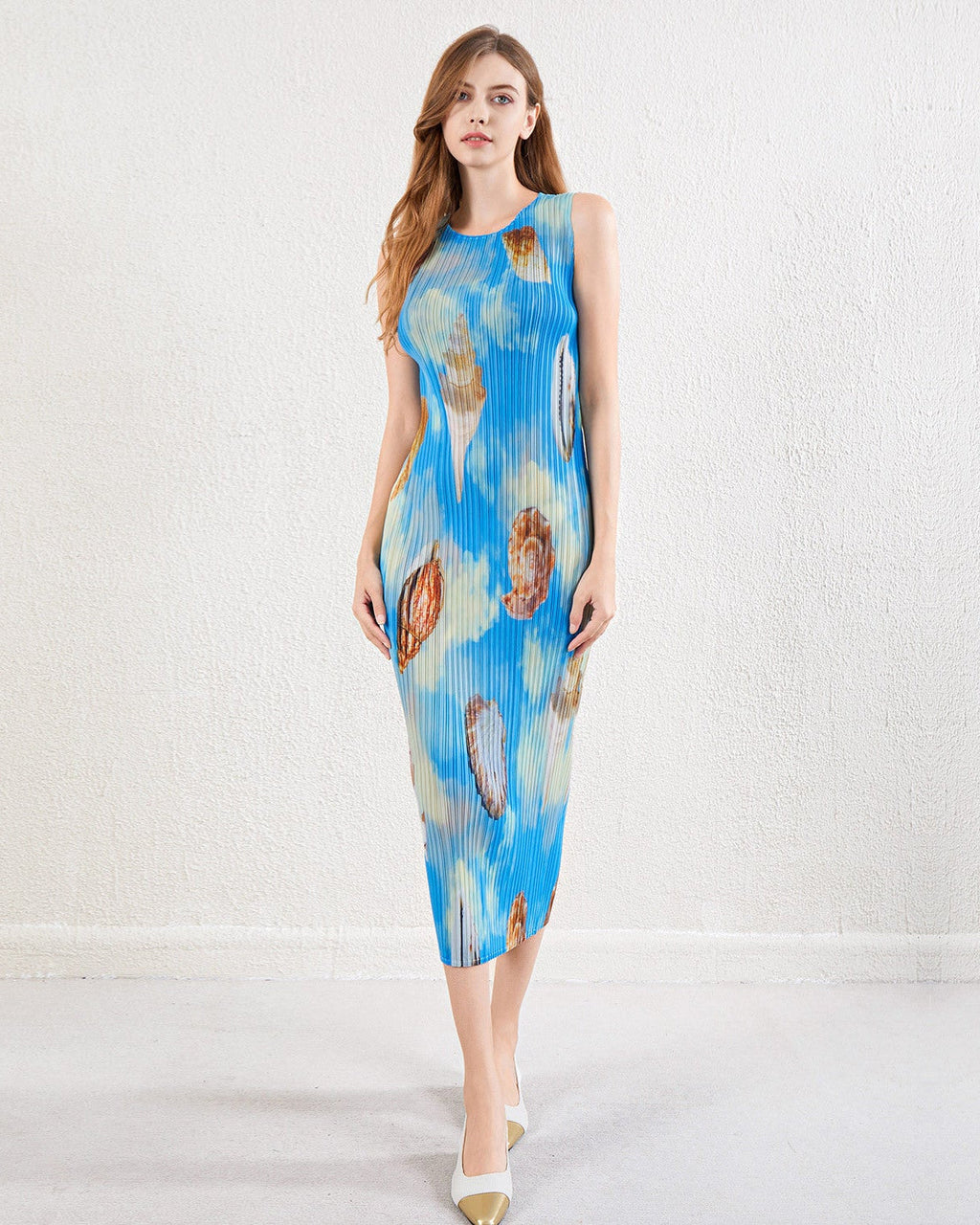 Pleatsart Wrinkle-Free Printed Sleeveless Midi Dress