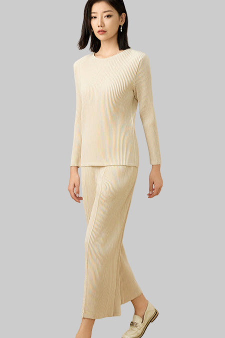 2025 Fall Pleated Long Sleeve T-Shirt & Straight-Leg Pants Set – Relaxed Solid Color, Everyday Comfort