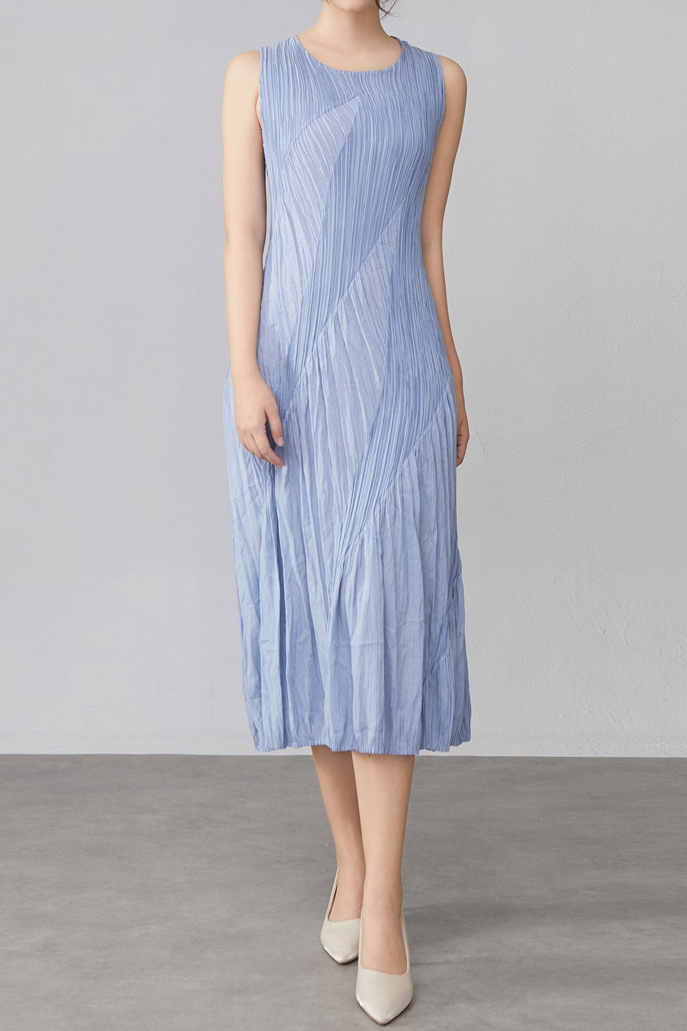 Pleats Art Style Pleated Dress – Spliced Sleeveless Midi