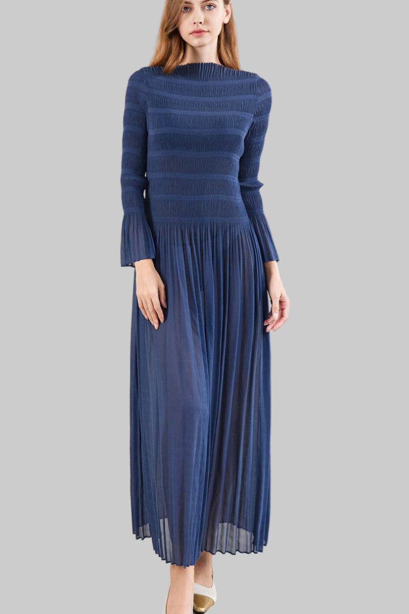 Pleats Art Style Pleated Dress – Plus Size Crew Neck A-Line Long