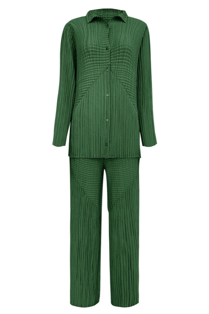 Pleated Solid Color Shirt and Straight Pants Set – Chic Two-Piece Outfit