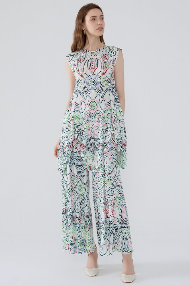 Boho Two-Piece Set – Dot Print Top and Pleated Wide-Leg Pants
