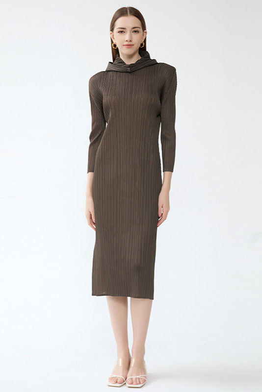 Pleats Art Style A-Line Pleated Dress – Hooded Long Sleeves