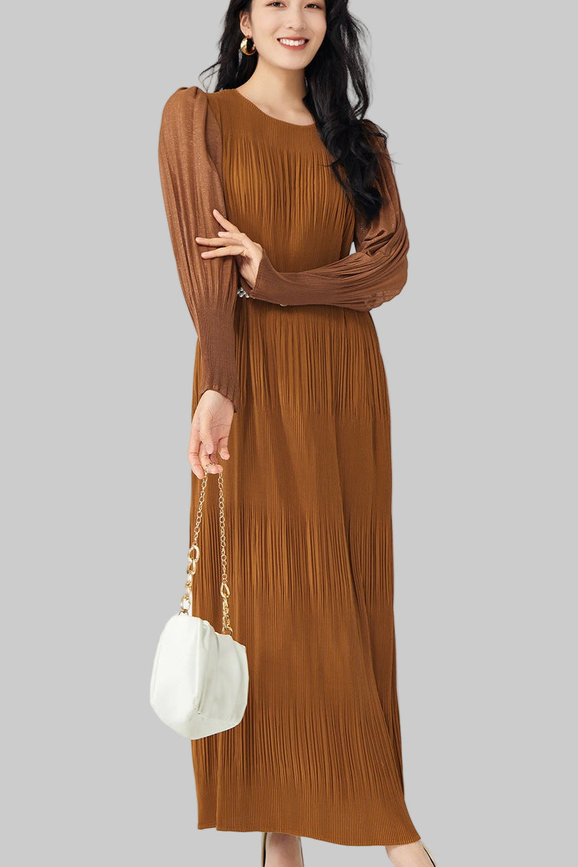Pleats Please Lantern Sleeve Maxi Dress – Plus-Size Friendly Elegant Pleated Long Dress