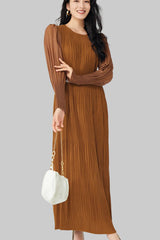 Pleats Please Lantern Sleeve Maxi Dress – Plus-Size Friendly Elegant Pleated Long Dress