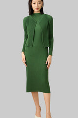 2025 Pre-Fall Pleated Two-Piece Set – Solid Color Long-Sleeve Cardigan & Elegant Dress