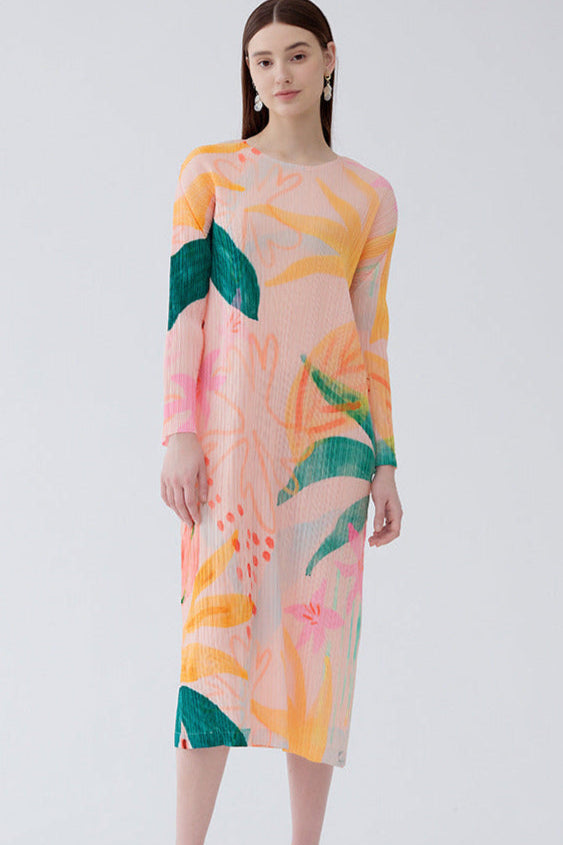 Miyake's temperament waist long-sleeved dress skirt for women 2025 spring and summer new floral print pleated A-line skirt women