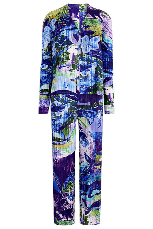 Pleated Printed Jacket and Pants Set – Chic Straight-Leg Two-Piece Outfit