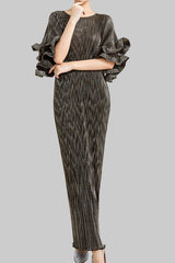 Pleats Art Style Pleated Dress – Metallic Slim Fit with Double-Layer Ruffled Sleeves