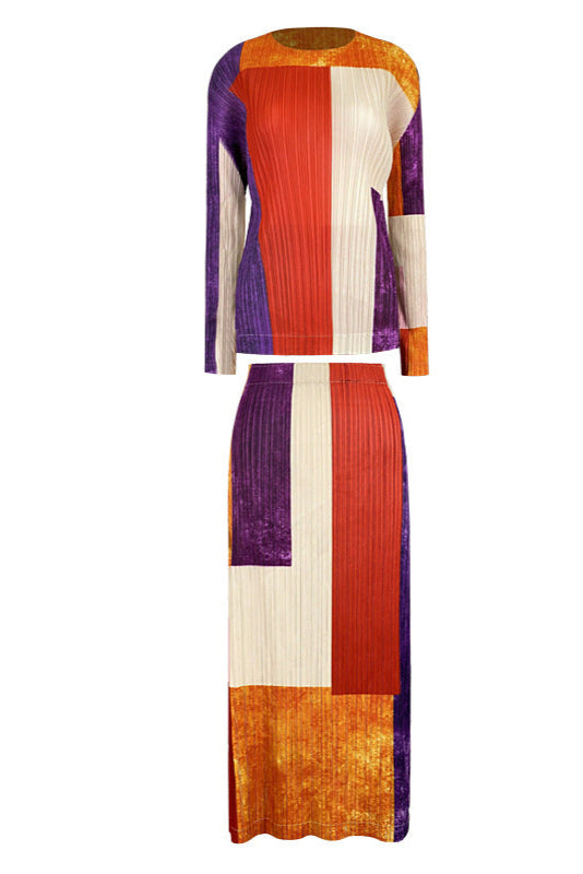 Pleated Plaid Top and Slim Skirt Set – Elegant Two-Piece Women’s Outfit