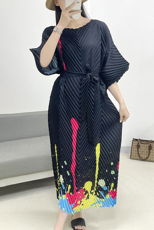 2025 Fall Winter Pleated Printed Maxi Dress – V-Fold Design, Elegant Casual Style for Women