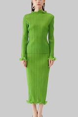 Pleats Please Green Skirt Suit – Fresh Pleated A-Line Two-Piece Set
