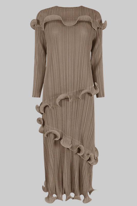 Pleats Art Style Plus-Size Slim-Fit Pleated Dress – Long Sleeve, Solid Color
