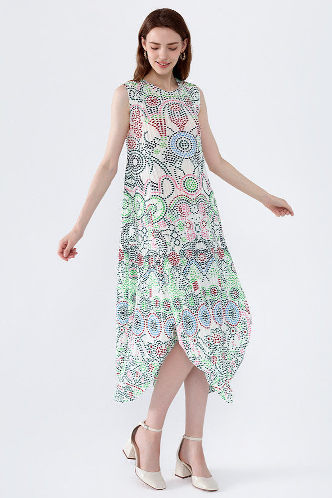 Pleats Art Style Pleated Dress – Irregular Polka Dot Loose Bohemian Style