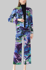 Pleated Printed Jacket and Pants Set – Chic Straight-Leg Two-Piece Outfit