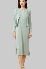 2025 Pre-Fall Pleated Two-Piece Set – Solid Color Long-Sleeve Cardigan & Elegant Dress