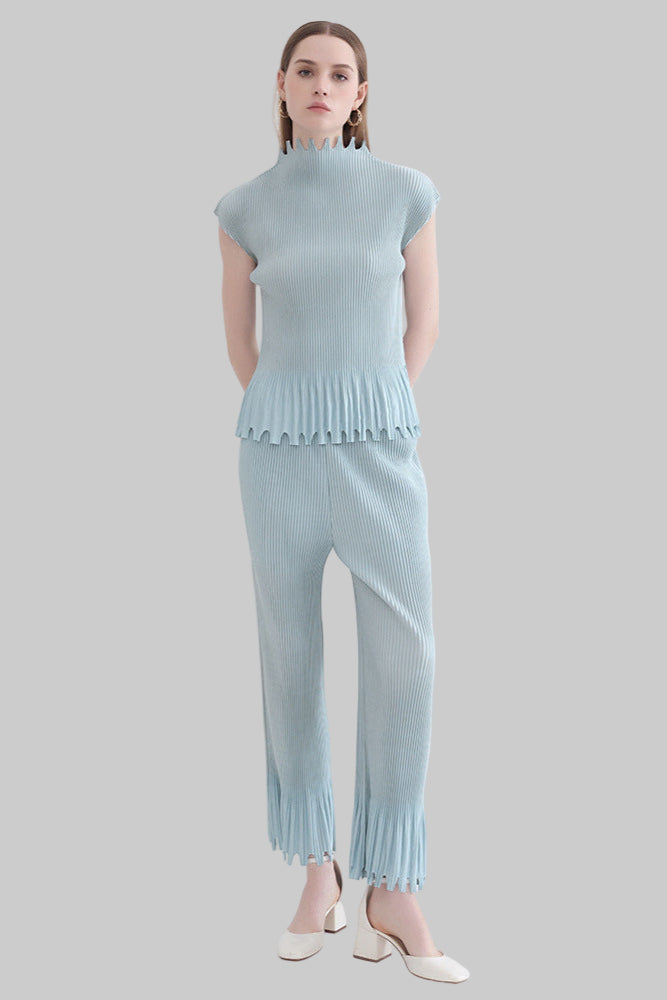 2025 spring/summer new Miyake personalized tassel solid color sleeveless suit semi-turtleneck top straight-leg trousers two-piece set