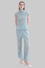 2025 spring/summer new Miyake personalized tassel solid color sleeveless suit semi-turtleneck top straight-leg trousers two-piece set