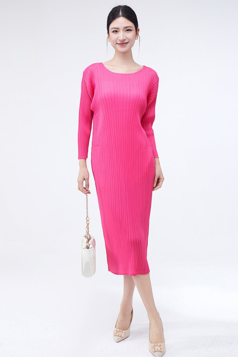 Pleats Art Style Pleated Dress – Long Sleeve Solid Color Mid-Length Loose Fit