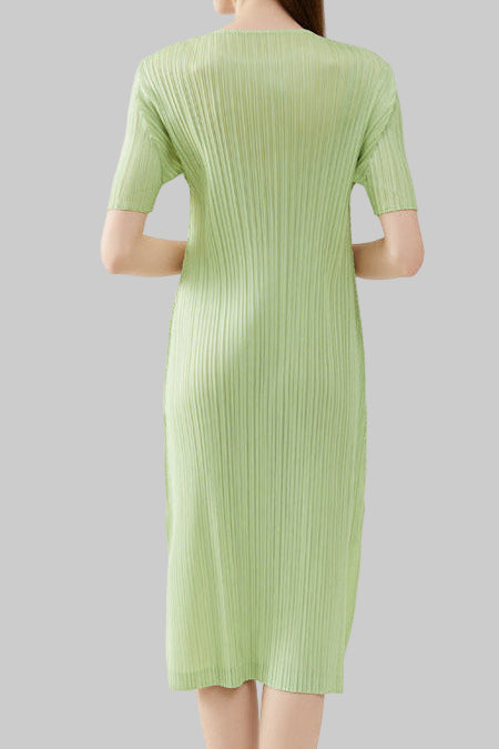 Solid Color Pleated A-Line Dress – Short Sleeve Slim Fit Midi