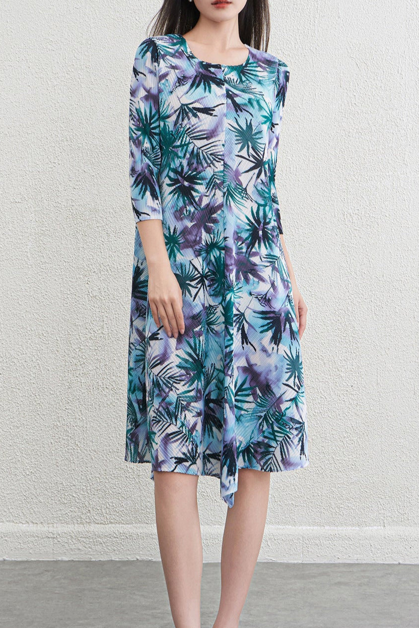 Pleats Art Style Pleated Midi Dress – Floral Elegant Light Luxury