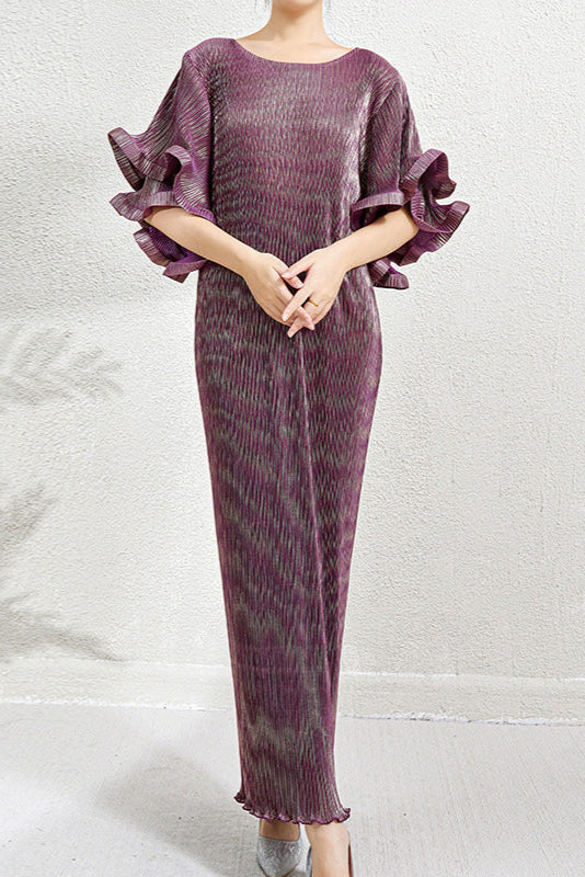 Pleats Art Style Pleated Dress – Metallic Slim Fit with Double-Layer Ruffled Sleeves