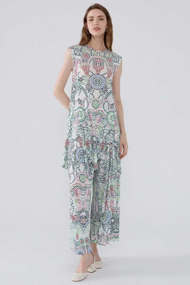 Boho Two-Piece Set – Dot Print Top and Pleated Wide-Leg Pants
