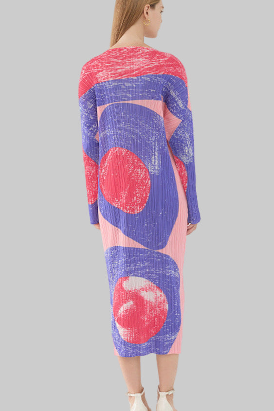 Pleated Vintage Circle Print Midi Dress – Slim Long Sleeve Round Neck